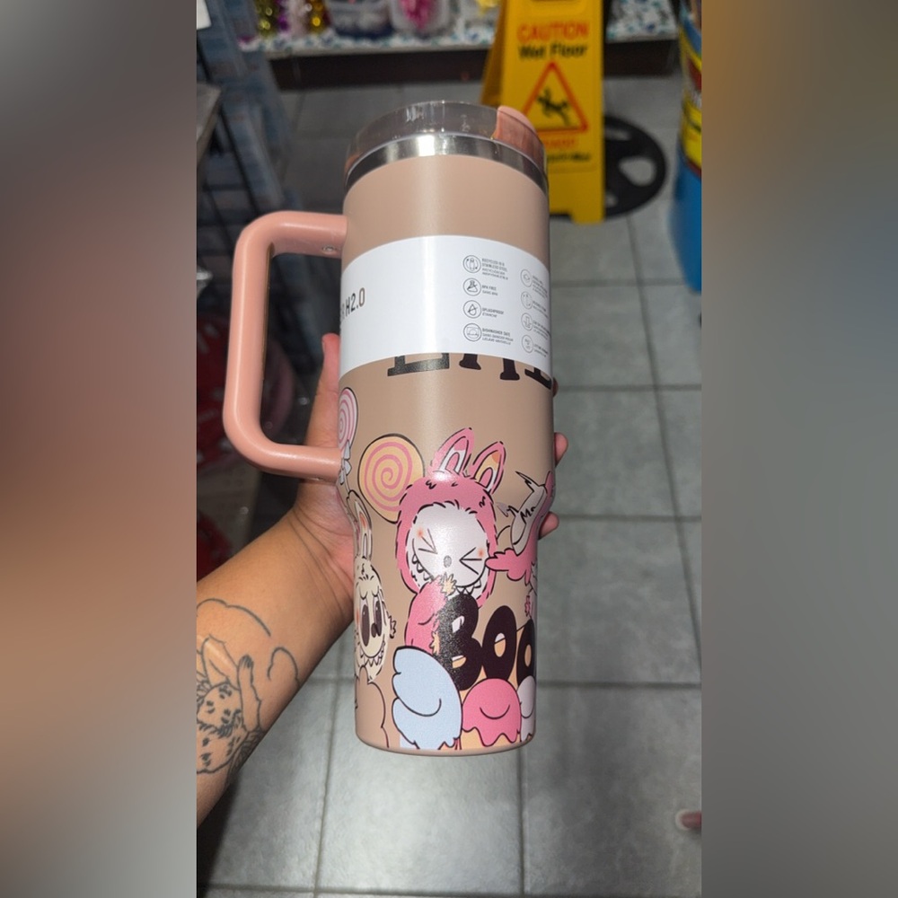 Cute Pink and Beige Tumbler with Cartoon Design